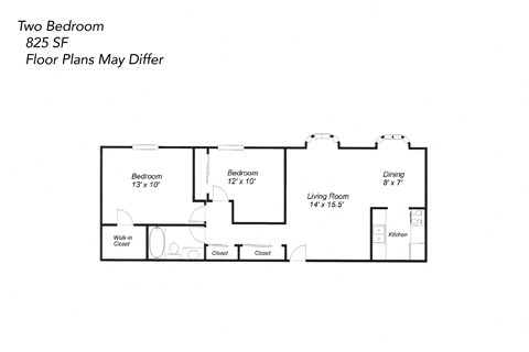Floor plan for 2 beds, 1 bath, 1053 sqft